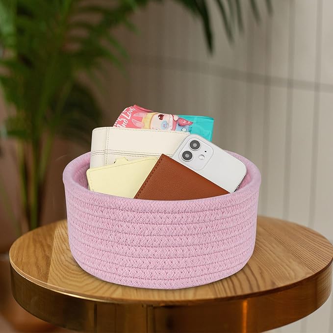 ABenkle 2 Pack Small Baskets, Cotton Rope Woven Basket, Cute Mini Tiny Storage Baskets, Decorative Boho Basket for Nursery Living Room Bedroom Shelf, Empty Gift Basket - Pink