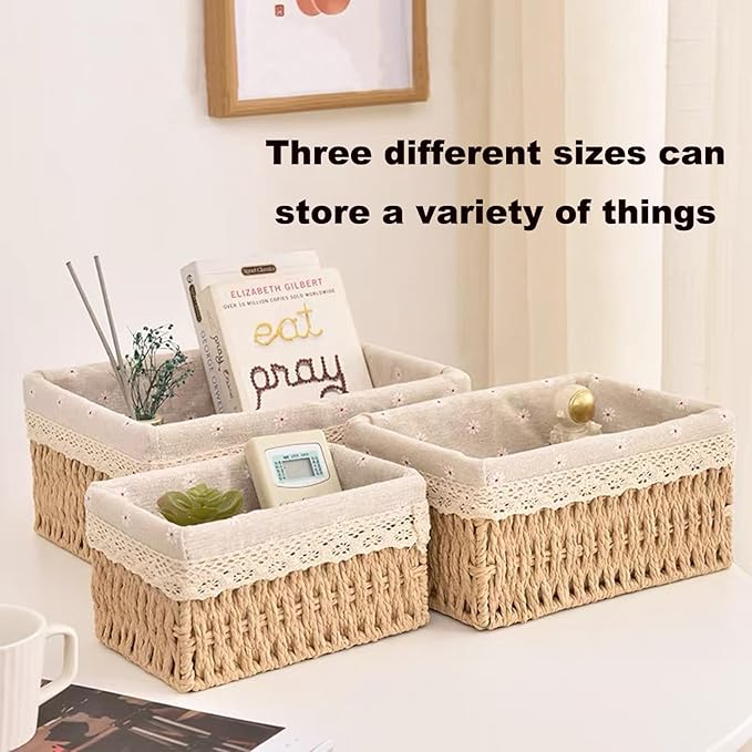 Wicker Baskets with Liner for Counter, Natural Paper Rope Rattan Storage Basket,Hand Woven Pantry Table Organizer Bins for Bedroom Living Room School Shelves Office Desk (3 Pack Beige)