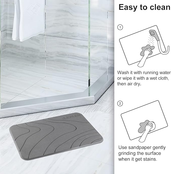 2 Pack Diatomaceous Earth Shower Mat, Stone Bath Mat, Nonslip Super Absorbent Fast-Drying Hard Bath Mat for Bathroom Shower Floor, 24 x 16 inch, Grey Wave Design