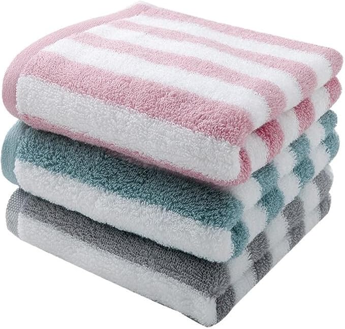 3 Pack Cotton Bath Towels, 70x33 cm, Soft and Absorbent, Jacquard Stripe Design for Home(Blue)