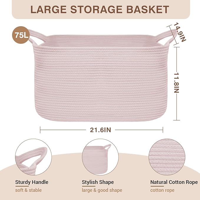 YOUDENOVA Nursery Storage Basket，21.6''×14.9''×11.8'' Rectangle Cotton Rope Blanket Basket, Nursery Laundry Hamper for Organizing，Toy Basket for Living Room, Bedroom Pink