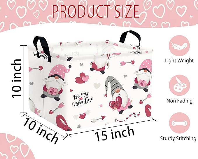 Large Valentine's Day Basket Heart Shaped Storage Bin for Gifts Collapsible Organizer Room Decor (Arrow Gnome Love)