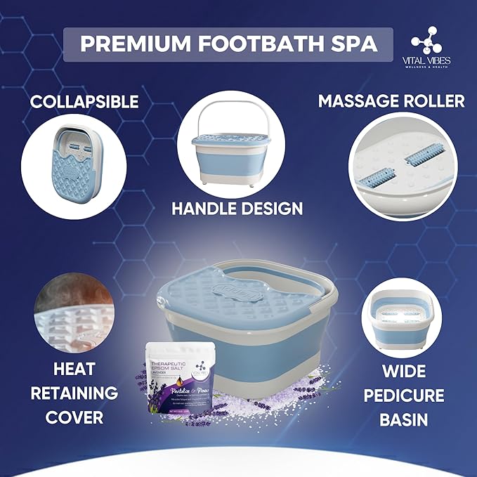 Vital Vibes Collapsible Foot Spa Bath Massager – Large Foot Soaking Tub with Heat Cover & Rollers – Professional Pedicure Kit for Callus Removal, Pain Relief & Soaking – Includes Epsom Salt