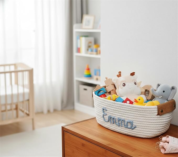 JUPPE Baptism and Newborn Baby Show Gift Basket with Personalized Name, Toys and Storage Organizer Custom Baby Shower Basket Gift Cotton Rope Basket Gift Nursery Decor Newborn Gifts (Style 1)