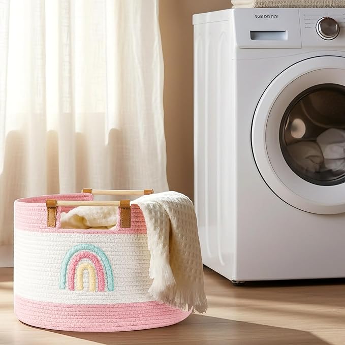 Large Blanket Basket 35L Cotton Rope Basket with Wooden Handles Woven Baskets for Kids Stuffed Animal Toys Storage for Nursery, Laundry Hamper Clothes Baby Hamper Girls Gift Baskets Empty, (Rainbow）