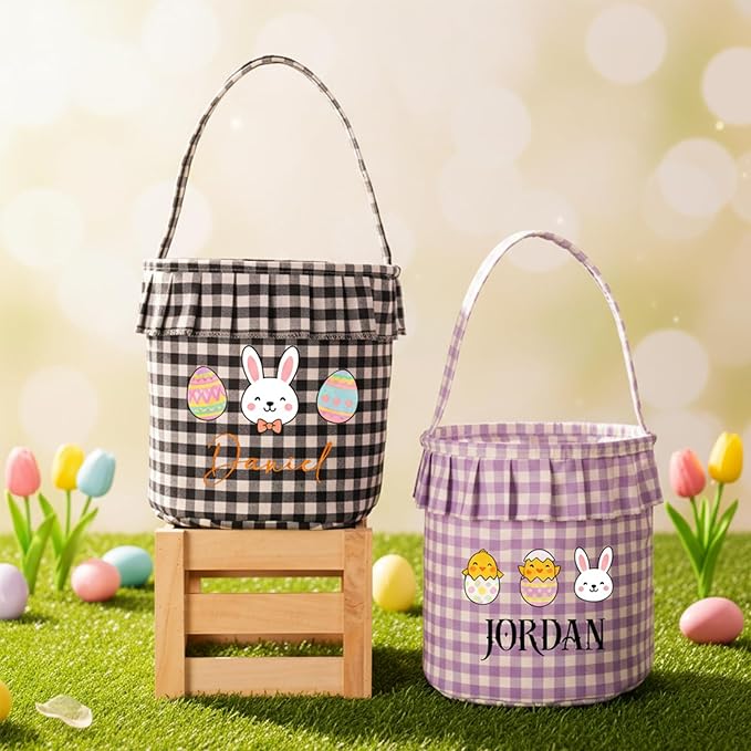 Personalized Easter Baskets for Kids Bunny Bucket Egg Basket Gingham Candy with Handle Tote Bucket Reusable Goody Baskets for Kids Gifts Bags