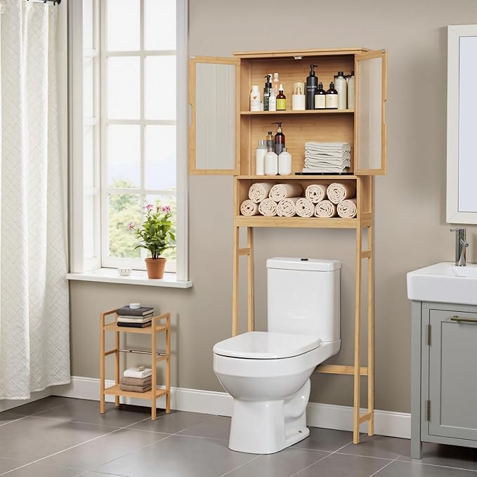 BAMBANG Over The Toilet Storage Cabinet, Bamboo Bathroom Over Toilet Storage Organizer with Adjustable Shelves and Double Doors, Above Toilet Storage Cabinet, Natural