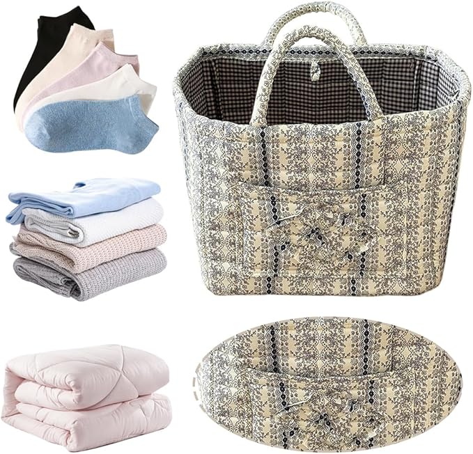 JQWYGB Foldable Laundry Basket Boho Bear Storage Basket Floral Quilted Fabric Car Storage Basket Handles Large Laundry Baskets for Clothes and Dolls