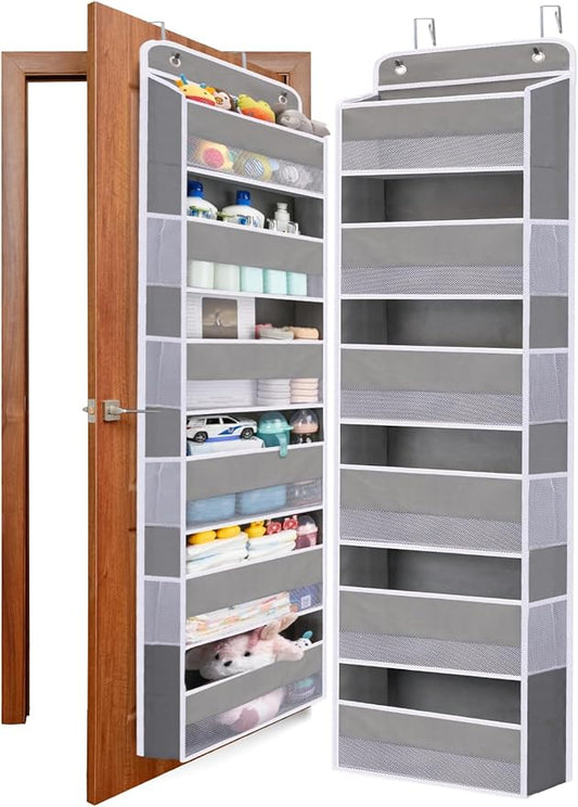 WishJazz Over The Door Organizer 6 Large Pockets, 50 lbs Heavy Duty Hanging Organizer Storage, Behind Door Closet Organizer and Storage for Nursery, Bedroom, Bathroom, Toys Cosmetics Sundries Grey
