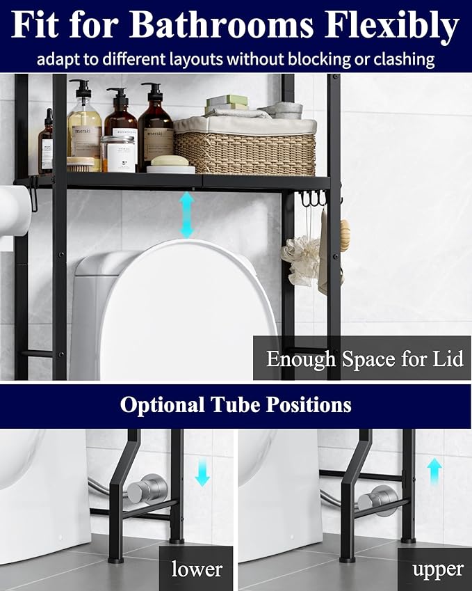 Kitsure Over The Toilet Storage Rack - Freestanding Over The Toilet Storage Cabinet with Paper Holder & Hooks, Bathroom Organizers and Storage, Brown + Black, 3 Tiers (61" H)