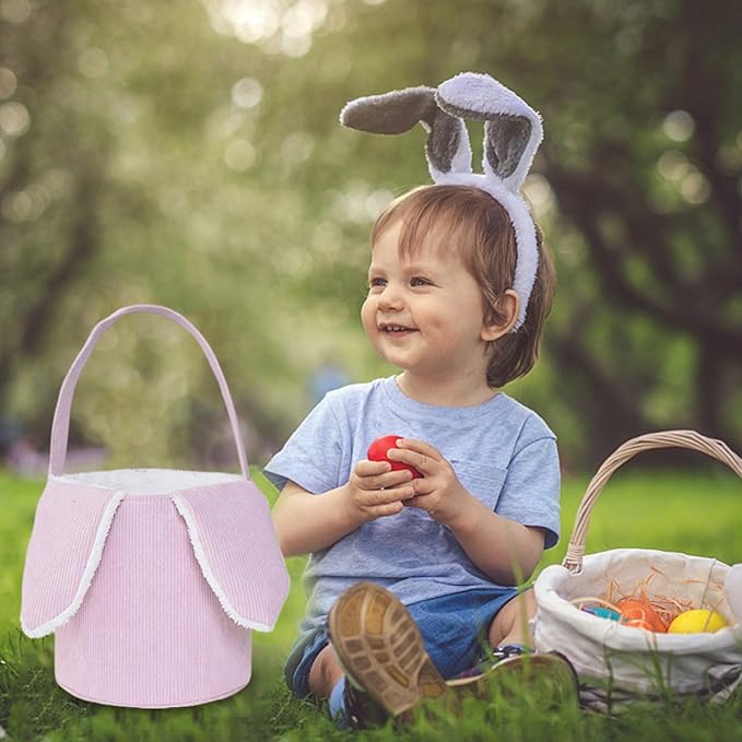 Easter Bunny Basket, Cute Easter Bucket Bags with Rabbit Ears for Easter Eggs Hunting, Plush Easter Bunny Basket, Easter Tote Bags for Candy Storage Decorations (Pink)