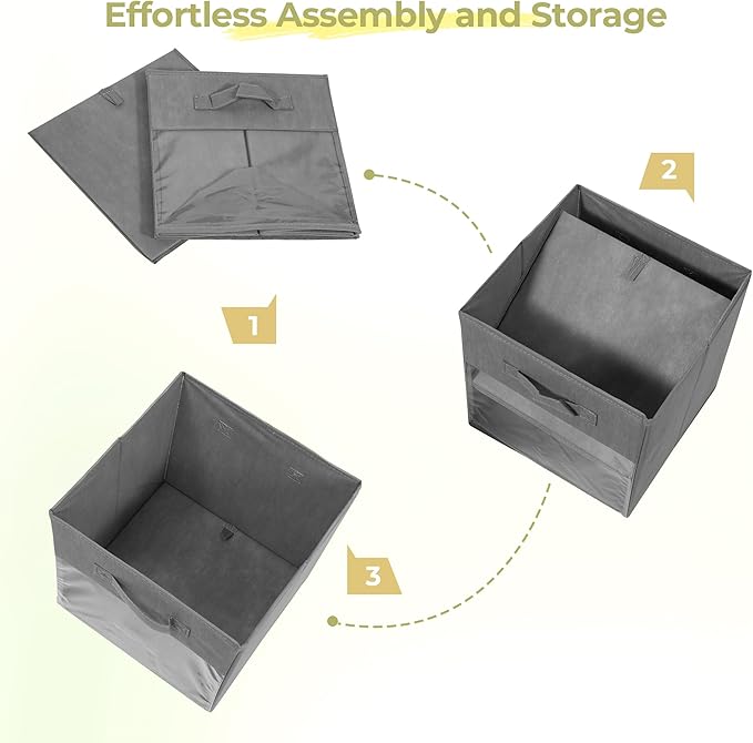 11x11 Large Storage Bins with Clear Window, Set of 6 Storage Cubes, Collapsible Cube Storage Bins, Fabric Closet Organizers with Handles for Home, Office, Closet Shelf Cabinet, Bookcase, Grey