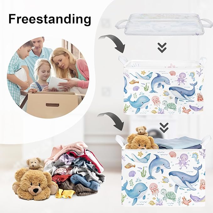 Sea Animals Laundry Hamper Ocean Fish Coral Large Storage Basket Parents Organizer Kids Clothes Toy Bins for Bedroom, Bathroom, Blue Whales, 36L