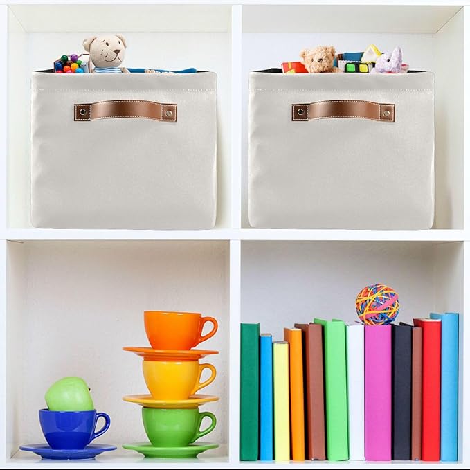 YETTASBIN Cream Solid Color Storage Basket 1pc, Large Collapsible Toys Clothes Organizer, Durable Canvas Storage Bin with Handle for Shelves Closet Laundry Home Office Decor