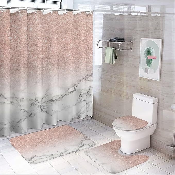 4 Piece Modern Rose Gold Pink Glitter White Marble Art Shower Curtain + Bath Room Rug Mat Set, Waterproof Spa Curtain Super Absorbent Bath Room Carpet