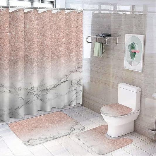 4 Piece Modern Rose Gold Pink Glitter White Marble Art Shower Curtain + Bath Room Rug Mat Set, Waterproof Spa Curtain Super Absorbent Bath Room Carpet