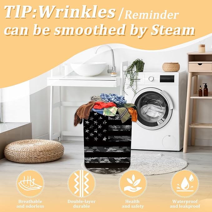 Black Camo USA Flag Laundry Basket, Foldable Waterproof Oxford Cloth Laundry Hamper Funny Tote Bag Dirty Clothes Storage Bucket Toy Organizer for Bathroom/Laundry/Bedroom 15.7"x19.6"
