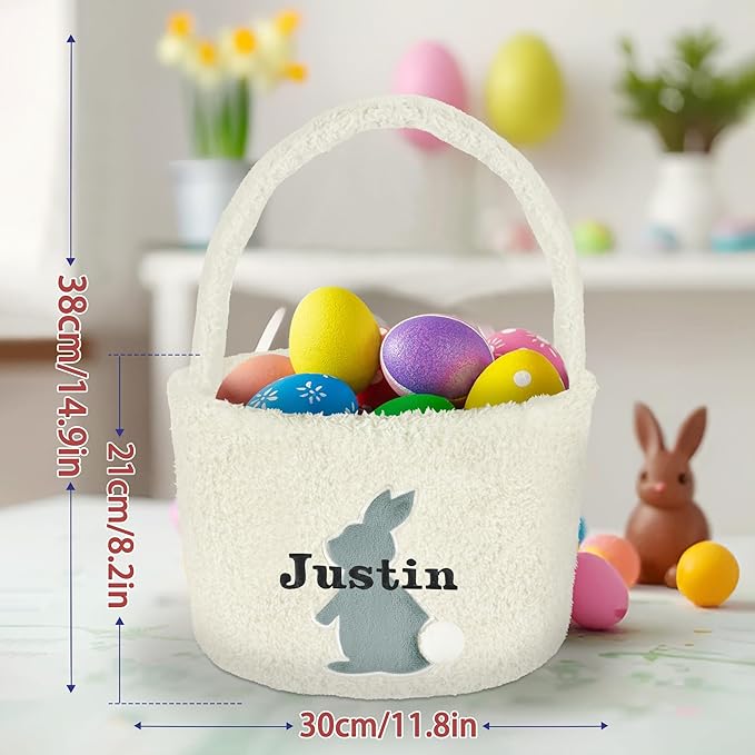 Easter Basket for Kids, VAPCUFF Easter Bunny Basket, Personalized Easter Baskets, Easter Basket with Name - - White Basket Grey Bunny
