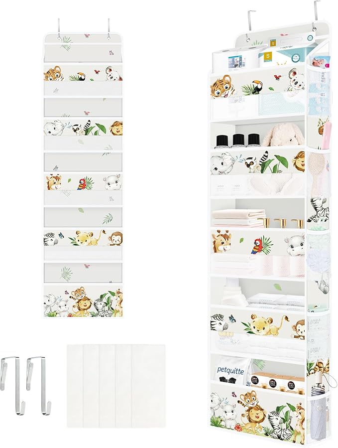 Clastyle Elephant Lion Kid Over The Door Organizer Storage Tropical Leaf 5 Shelves Closet Nursery Hanging Shelves Clothes Diaper Stuffed Animal Toy Storage for Newborn Baby Essential