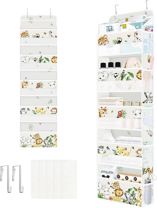 Clastyle Elephant Lion Kid Over The Door Organizer Storage Tropical Leaf 5 Shelves Closet Nursery Hanging Shelves Clothes Diaper Stuffed Animal Toy Storage for Newborn Baby Essential