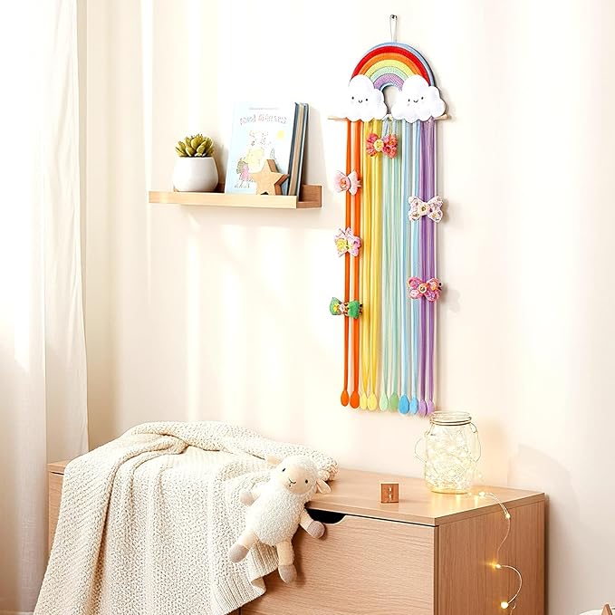 Long Bow Holder for Girls Baby Rainbow Color Clouds Hair Bows Clip Organizer 31.5 Inch Baby Hair Accessories Storage Display Hanging Decor for Girls Nursery Room Bedroom Living Room