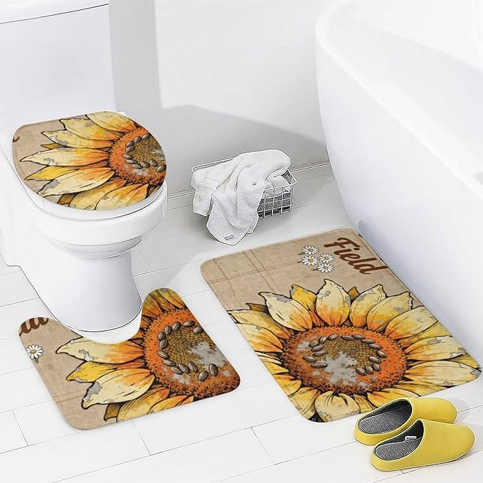 4 Piece Bathroom Rug Set with Shower Curtain, Non-Slip Bath Mat Toilet Cover Set, Pastoral Style Bathroom Rug Sets