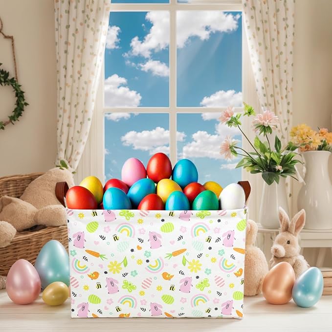 Kid Large Empty Easter Basket Personalized Fabric Bunny Easter Basket for Boy and Girl (Pink Rabbit Rainbow)