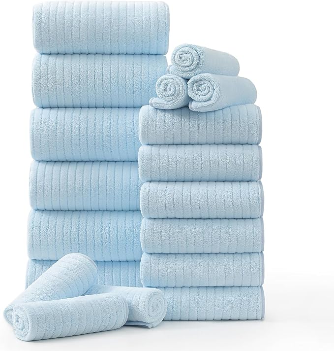 Hailea 18 Piece Family Bath Towel Set Include 6 Bath Towels,6 Hand Towels and 6 Washcloths Soft Bathroom Towel with Hanging Loops,Highly Absorbent Quick Dry Towels Set for Bathroom,Hotel and Spa-Blue