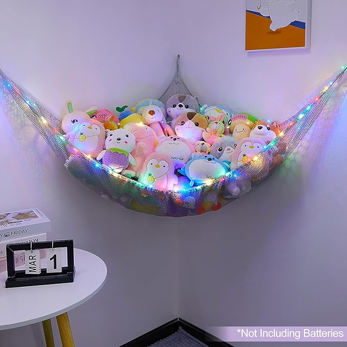 Basumee Stuffed Animals Net or Hammock with LED Light Hanging Toy Net Hammock for Stuffed Animals Storage Stuff Animals Hammocks for Nursery Room with Remote Control, 8 Kinds of Lights(Pack of 1)