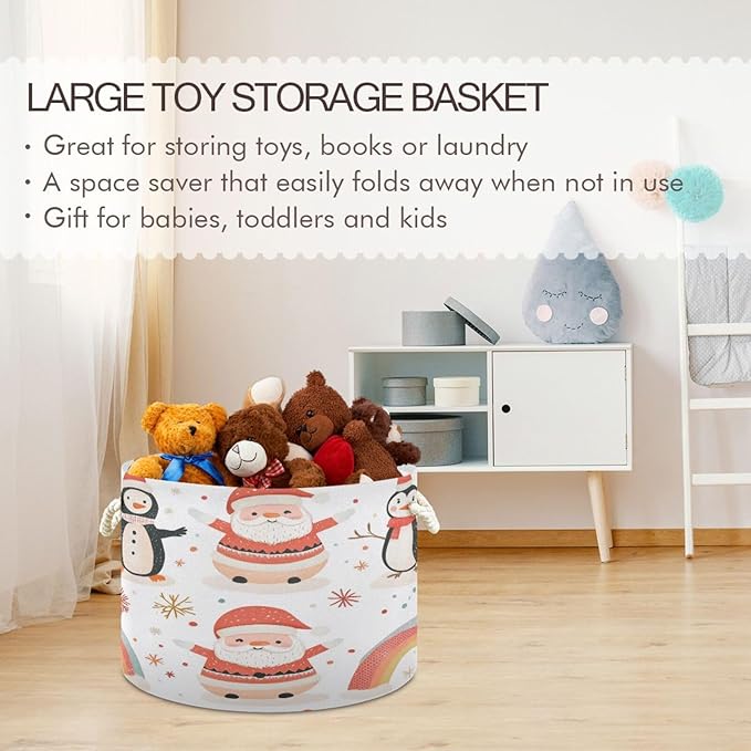 Blanket Storage Basket for Living Room - Cute Santa Penguin Large 20"x20"x14" Cotton Rope Handles Laundry Basket, Foldable for Toy Storage, Blanket Basket