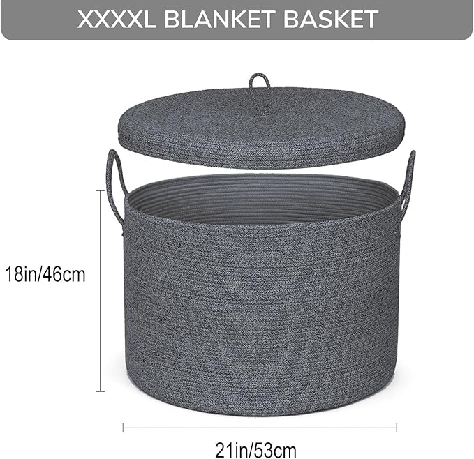 21" x 18" Extra Large storage baskets,Decorative blanket basket with lid for Living room,rope baskets with lid,wicker hamper for bedroom,Big,Round,Dark Grey