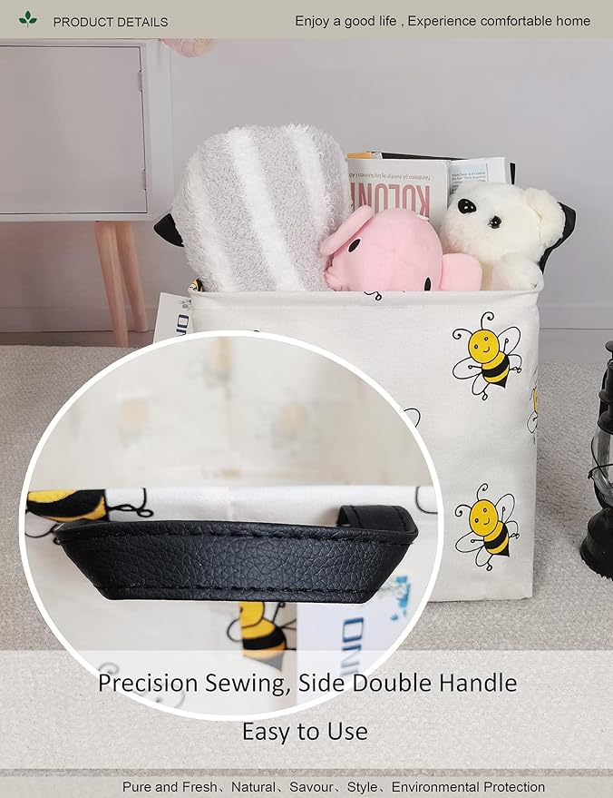 Square Folding Laundry Basket, Canvas Basket,Nersury Hamper,Suitable for Children,Office,Bedroom,Clothes,Toys Storage（Bee