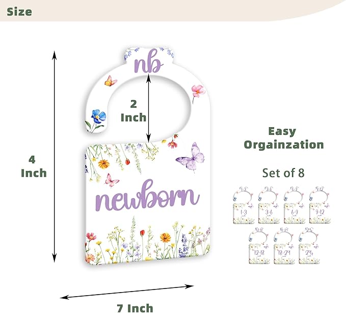 Watercolor Wildflowers Baby Closet Dividers for Nursery Closet Organizer, Newborn to 24 Months Size Clothes, Purple Butterfly Hangers with Size Dividers, Double Sided