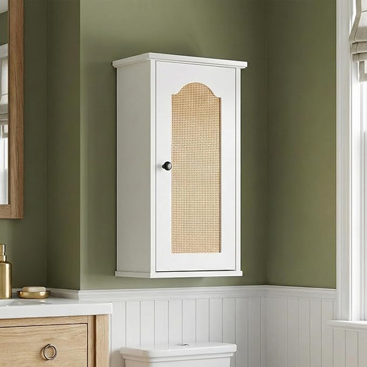 Over The Toilet Storage Cabinet, Above Toilet Organizer with Rattan Door, Modern White Finish, 13x25 inch Space Saving Bathroom Medicine Cabinet