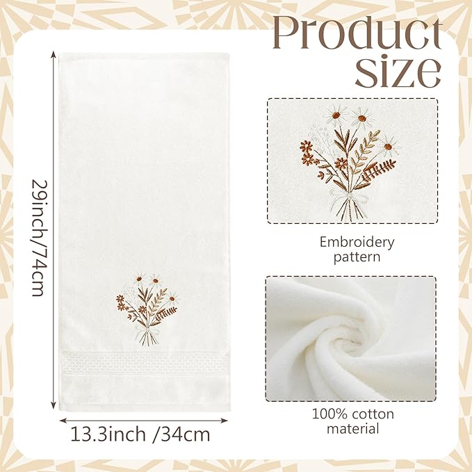 2 Pcs Boho Flowers Hand Towels Beige Bathroom Wildflowers Decor 14x29 Inch Embroidered 100% Cotton Soft Absorbent Spring Summer Decorative Hand Towels for Bathroom Kitchen