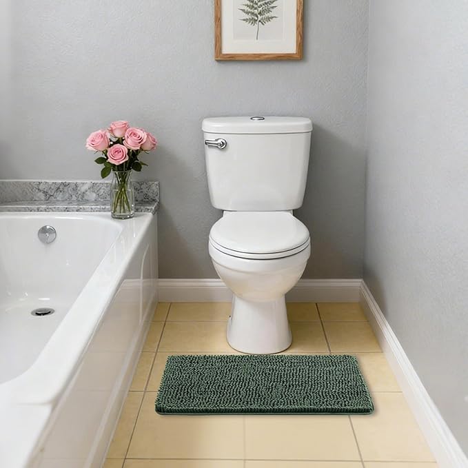Hunter Green Bathroom Rugs 17"x24" - Plush Chenille Non-Slip Bath Mat - Absorbent, Washable, Soft and Thick Decor for Shower, Sink, Kitchen, Tub, Home Accessories