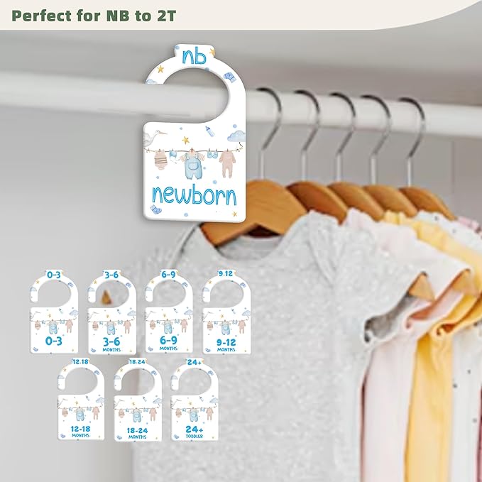 JMOST Boy Baby Closet Dividers for Nursery Closet Organizer, Newborn to 24 Months Size Clothes, Bule Hangers with Size Dividers, Double Sided
