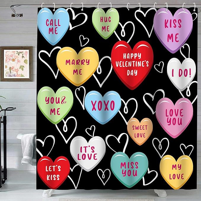 Happy Valentine Day Cute 72x78 Shower Curtain for Girls Love Me Kiss Me Red Black Love Hearts Romantic Shower Curtain Set Decor Bathroom Accessories Fabric Polyester Kid Bath Curtain with Hooks