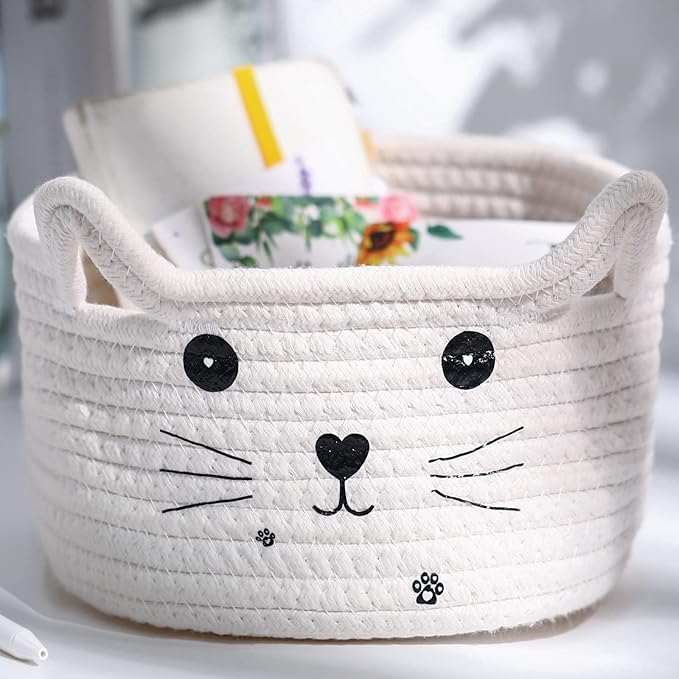 Zopeal Cat Basket Storage Woven Organizer with Ears Christmas Decorative Pet Toy Cute Cotton Rope Basket for Gift Cat Dog Toy Bin Nursery Room(8.3 x 4.7 Inch,White)