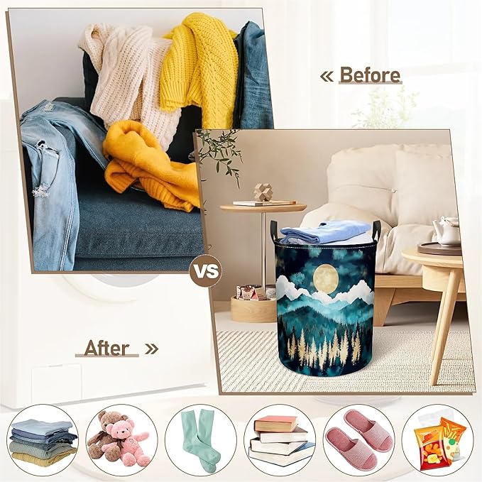 Moon Forest Laundry Basket, Large Canvas Collapsible Organizer Storage Basket for Nursery,Office,Toy Organizer,Home,Decor - 19.7" X 15.7 "