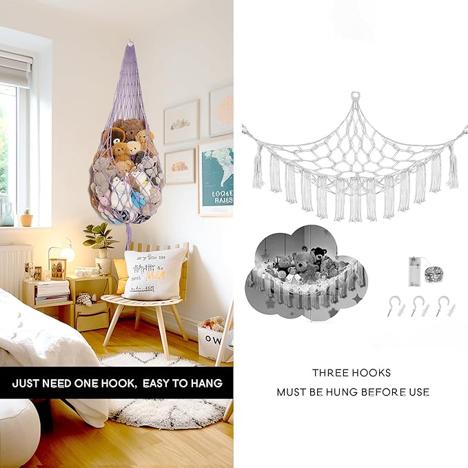 Upgrade Stuffed Animal Hammock Corner or Wall Hanging Net for Stuffy Animal Storage Macrame Toy Display Over Door Toy Holder Kid Bedroom Decor Playroom Organizer (Purple XL)