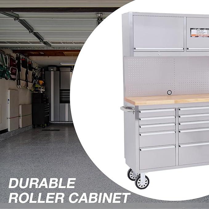 SINDA 72 Inch Rolling Tool Chest Tool Box Mobile Tool Workbench Garage Tool Storage Cabinet Large Rolling Lockable Tool Box with Wood Top, 15 Drawers + 3 Upper Cabinets