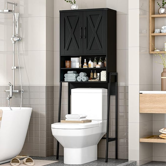 Vabches Over The Toilet Storage Cabinet, Farmhouse Over Toilet Storage Cabinet, Metal Frame with 2 Barn Doors, Home Space-Saving Toilet Rack for Bathroom, Toilet, Laundry Room,Black