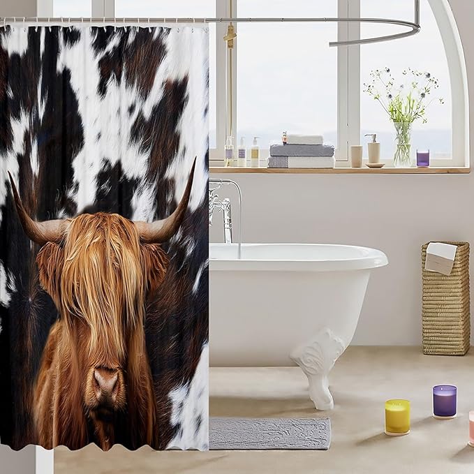 Highland Cattle Shower Curtains,Cow Fur Bathroom Curtains for Kids Teens Adult,Farmhouse Animals Cowhide Waterproof Bath Curtains,with 12 Hooks Suits for Bathtub, 72" W x 78" L,Black White Brown