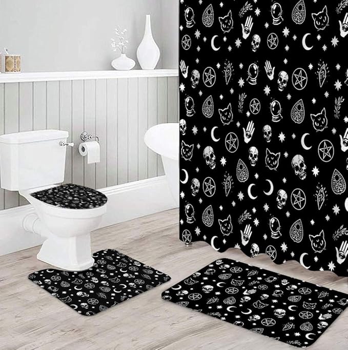 4-Piece Bathroom Set Stars Black Witch Skull Moon Divination Gothic Shower Curtain Rug Set Non-Slip Bath Mat Toliet Cover Bathroom Shower Curtains-4-Piece_Set