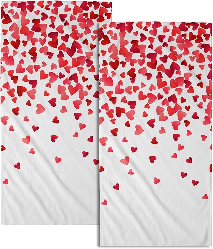 Happy Valentines Day Hand Towels Pack of 2 Romantic Red Pink Love Heart Bathroom Towel 28.3x14.4 Inch Wedding Anniversary Holiday Decorative Super Soft Kitchen Towels for Guest Home Hotel Gym