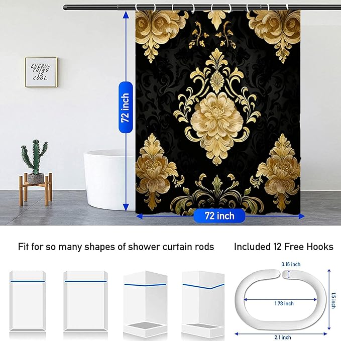 4Pcs Luxury Damascus Gold Flower Pattern Shower Curtain Set with 12 Hooks Non-Slip Rugs,Toilet Lid Cover and Bath Mat,Dark Gold Bathroom Decor for Hotel & Home Bathroom