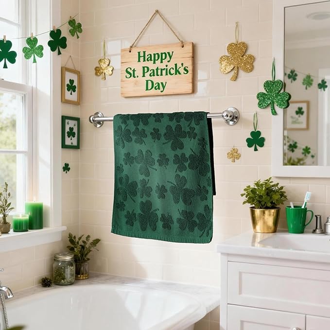 2 Pcs St. Patrick's Day Hand Towels 3D Green Shamrock Bathroom Decorative Towels for Drying, Cleaning, Cooking, Holiday 16'' x 28'' with Gift Box(Green)