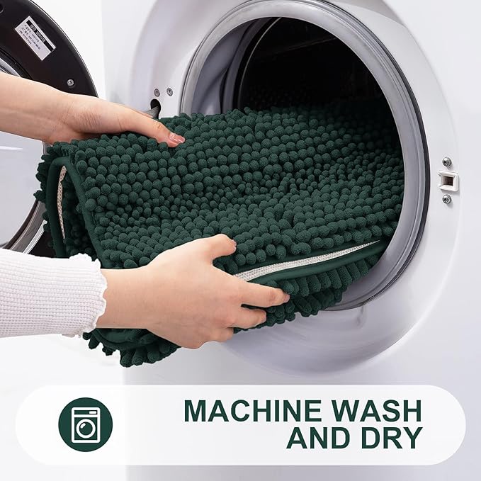 Grandaily Chenille Striped Bathroom Rugs 30x20, Extra Thick and Absorbent Bath Mats, Non-Slip Soft Plush Shaggy Shower Carpet, Machine Wash Dry, Bath Rug for Bathroom, (Medium, Dark Green)