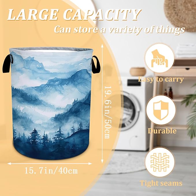 Blue Mountain Forest Laundry Basket, Foldable Waterproof Oxford Cloth Laundry Hamper Funny Tote Bag Dirty Clothes Storage Bucket Toy Organizer for Bathroom/Laundry/Bedroom 15.7"x19.6"